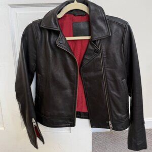 AllSaints Black Leather Moto Jacket XS Cropped Biker Red Lining 🔥